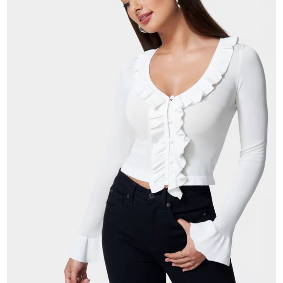 BEBE -RUFFLE CROPPED SWEATER CARDIGAN - Picture 4 of 5